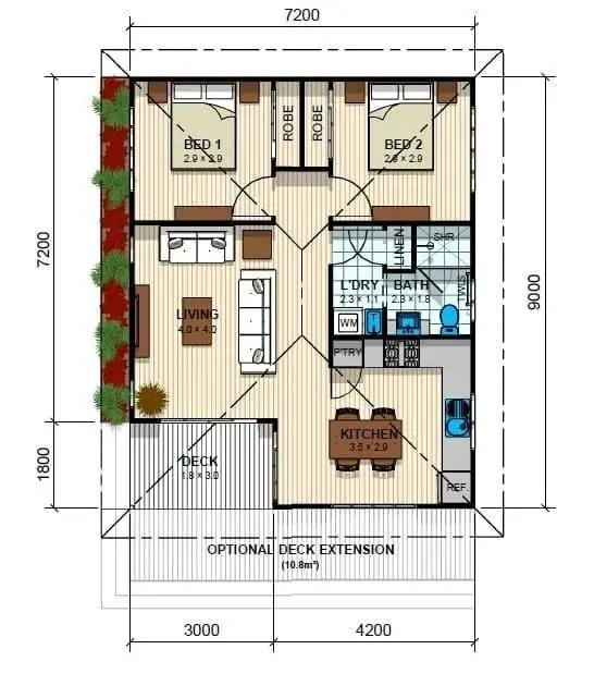 Coloured Kensington floor plan showing the optional deck extension
